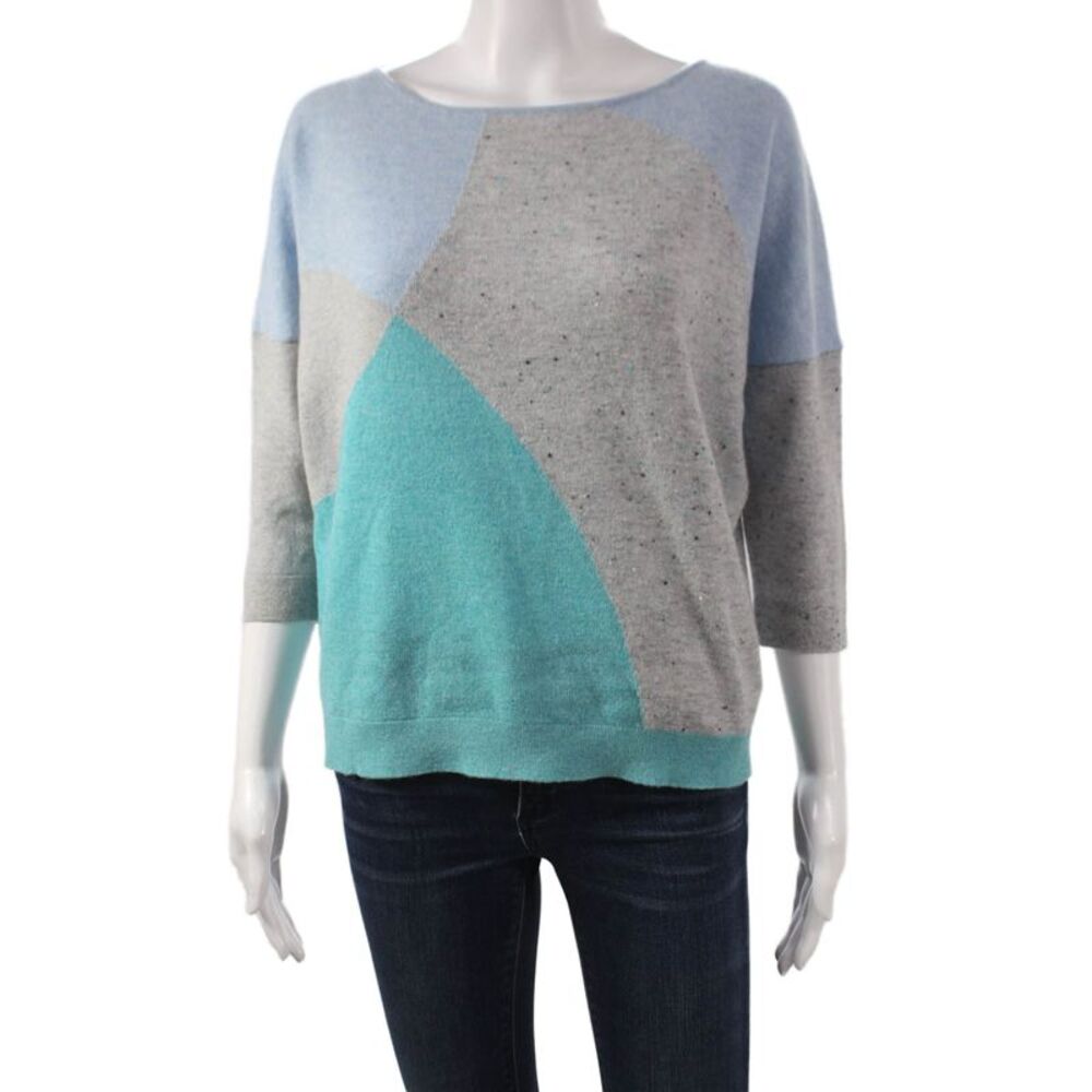 Kinross Cashmere Womens Pullover Blue Geometric Boatneck 3/4 Sleeve Size S
